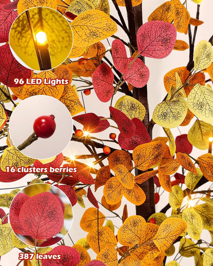 6FT 96LED Lighted Fall Tree – Artificial Eucalyptus with 384 Leaves, 8 Modes, Timer & Dimmable Lights for Thanksgiving, Autumn & Halloween Décor (Indoor/Outdoor)