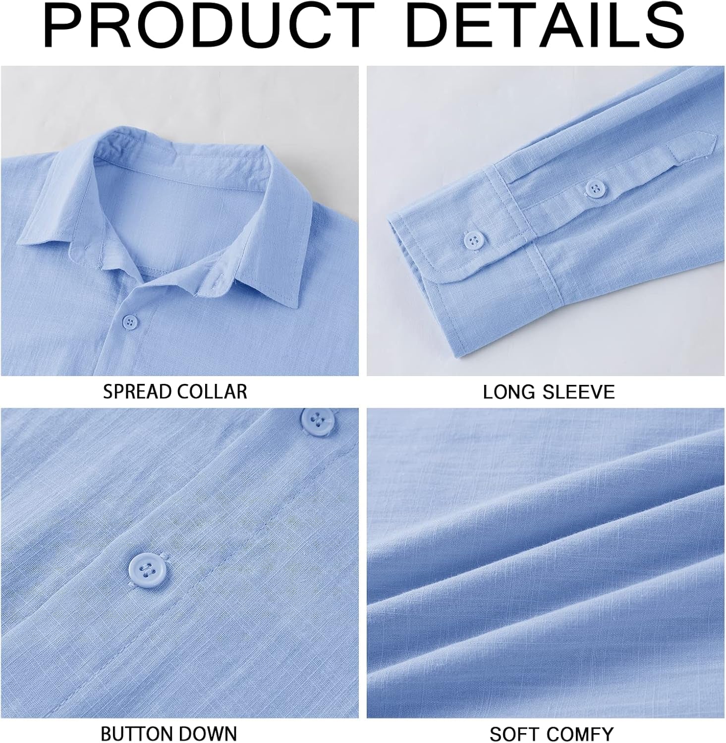 Men’s Linen Cotton Button-Down Shirt – Casual Long Sleeve, Lightweight Beach Top with Spread Collar