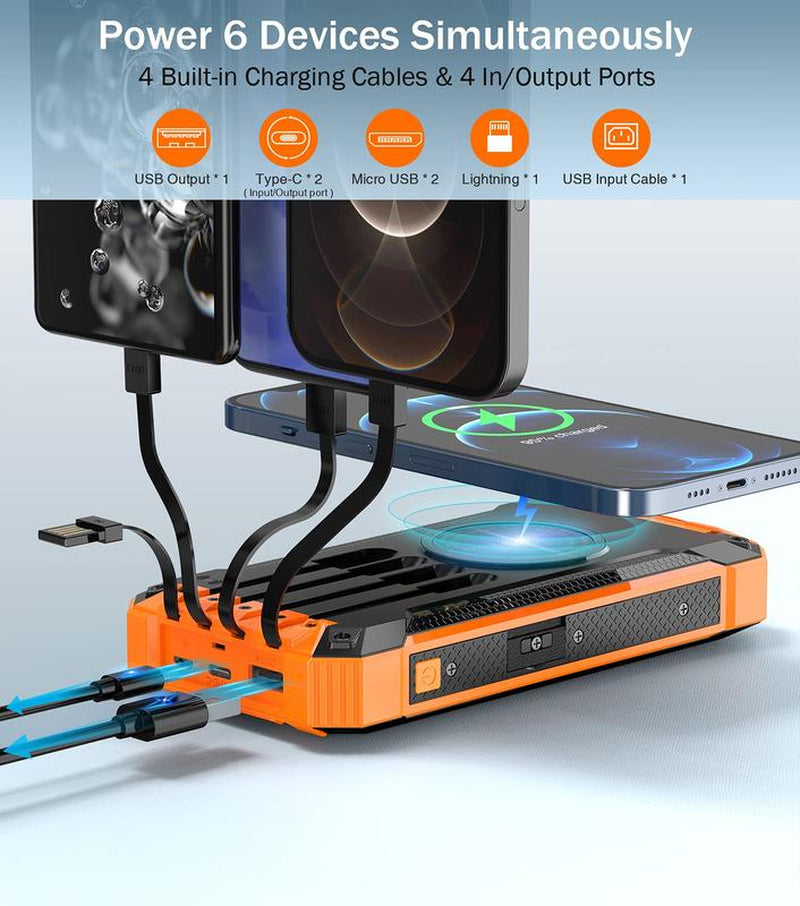GNC W22 Solar Power Bank: 15W Fast Charging, 4 Built-In Cables, 6 Outputs, 3 Inputs, Solar Charging, Dual Flashlights, Carabiner, Fits All Devices.