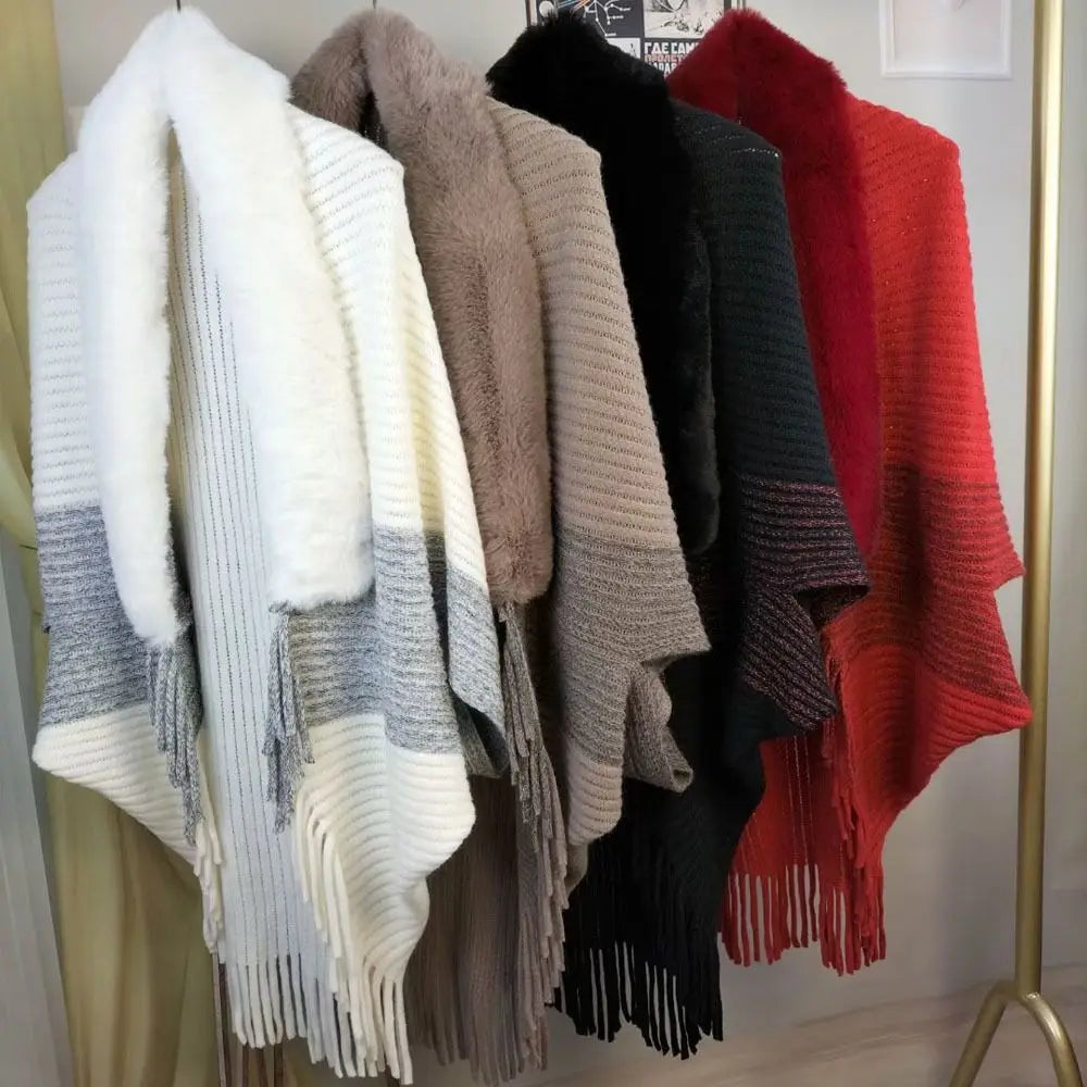 Winter Cape Cardigan 🧣 Faux Fur Collar Warm Knit Shawl Wrap for Women