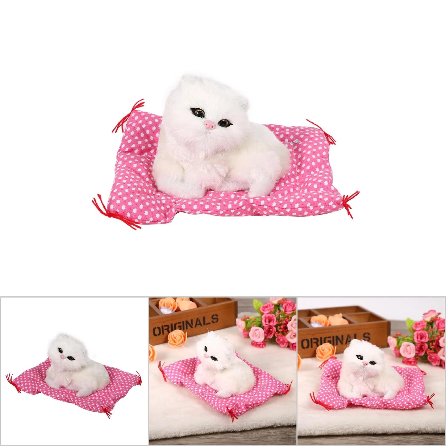Kitten Plush Toy Kitten Sounding Toy Super Cute Mini Simulation Sounding Sitting Kittens Cats Plush Toys Doll Christmas Gift White
