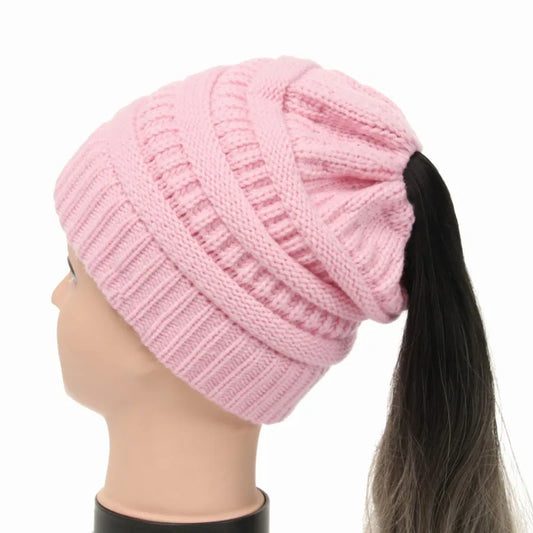 New Women Autumn Winter Ponytail Beanie Hat Solid Color Lady Stretch Knitted Crochet Beanies Hat Cap for Women