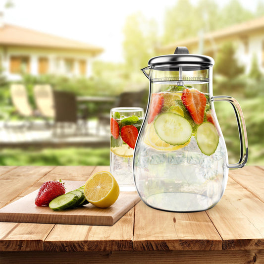 64oz Heat-Resistant Glass Pitcher with Stainless Steel Filter Lid for Hot & Cold Drinks