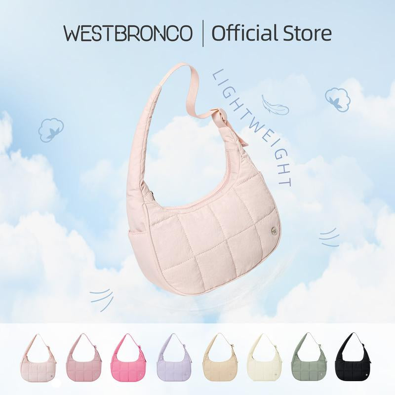 WESTBRONCO Fallfreshness Small Puffer Crescent Shoulder Bag for Women Quilted Nylon Waterproof with Side Pocket for Cans Lightweight Travel Gym Purse for FALL