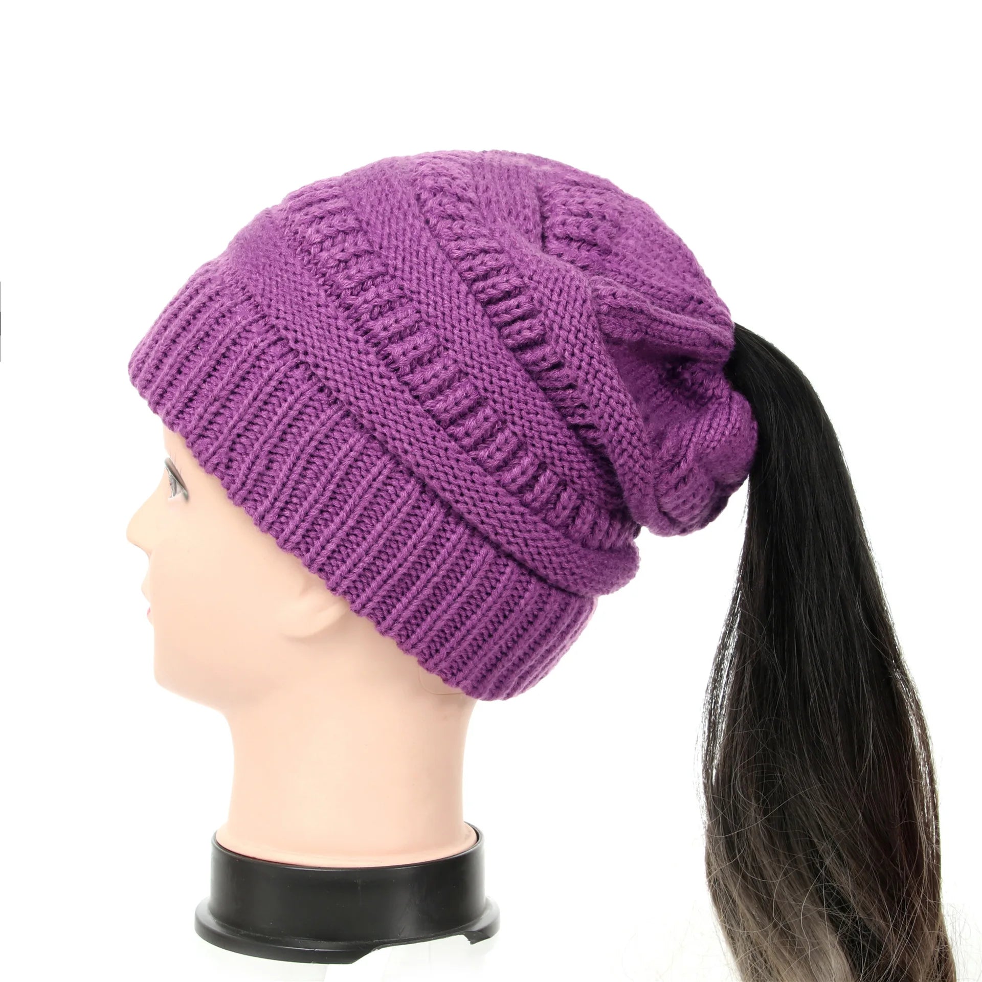 New Women Autumn Winter Ponytail Beanie Hat Solid Color Lady Stretch Knitted Crochet Beanies Hat Cap for Women