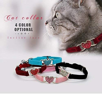 Velvet Cat Collar with Crystal Heart Charm & Bell – Adjustable Safety Collar (8–11”) in Pink, Black, Red & Blue
