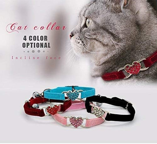 Velvet Cat Collar with Crystal Heart Charm & Bell – Adjustable Safety Collar (8–11”) in Pink, Black, Red & Blue