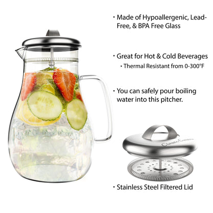 64oz Heat-Resistant Glass Pitcher with Stainless Steel Filter Lid for Hot & Cold Drinks