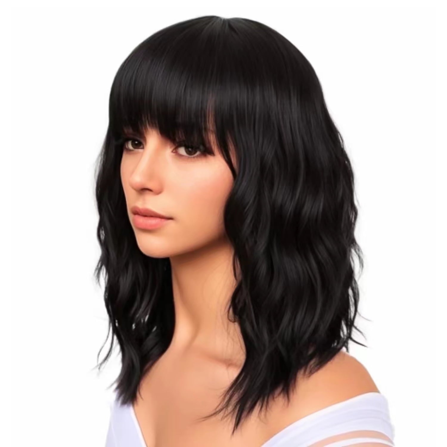 Short Bob Wig with Bangs – 12'' Water Wave Synthetic Black Wig for Women