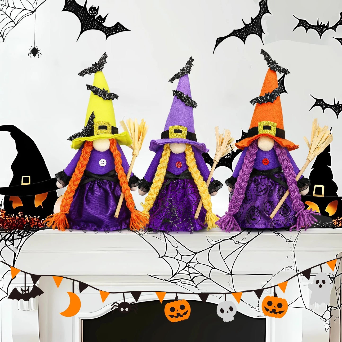 ✨ Hocus Pocus Halloween Gnomes – 3 Pc Handmade Witch Tomte Plush | Tiered Tray & Tabletop Decor | Spooky Cute Scandinavian Elf Decorations