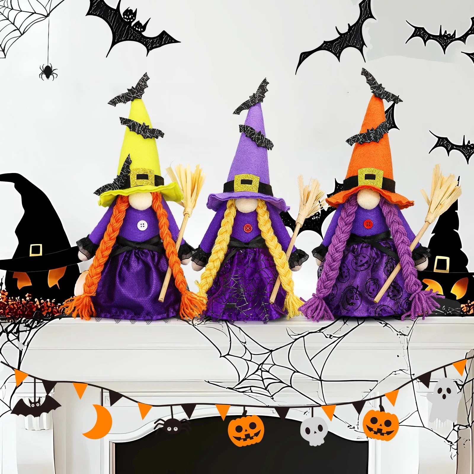 ✨ Hocus Pocus Halloween Gnomes – 3 Pc Handmade Witch Tomte Plush | Tiered Tray & Tabletop Decor | Spooky Cute Scandinavian Elf Decorations