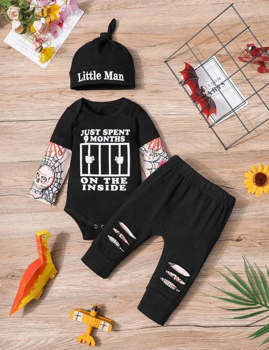 Baby Boy 3-Piece Outfit – Tattoo Sleeve Romper, Pants & Funny Bodysuit Set