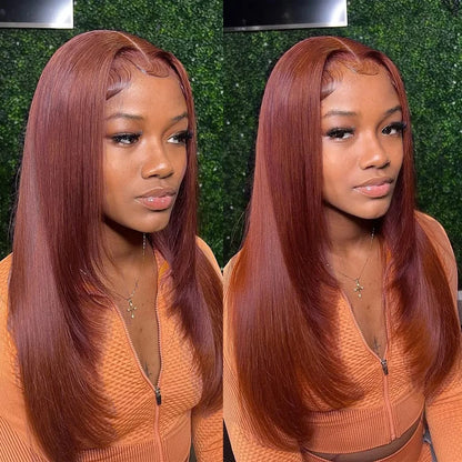 Copper Red Layered Cut Lace Front Wigs Reddish Brown Straight Lace Frontal Wig Layered Glueless Wigs Synthetic Butterfly Haircut