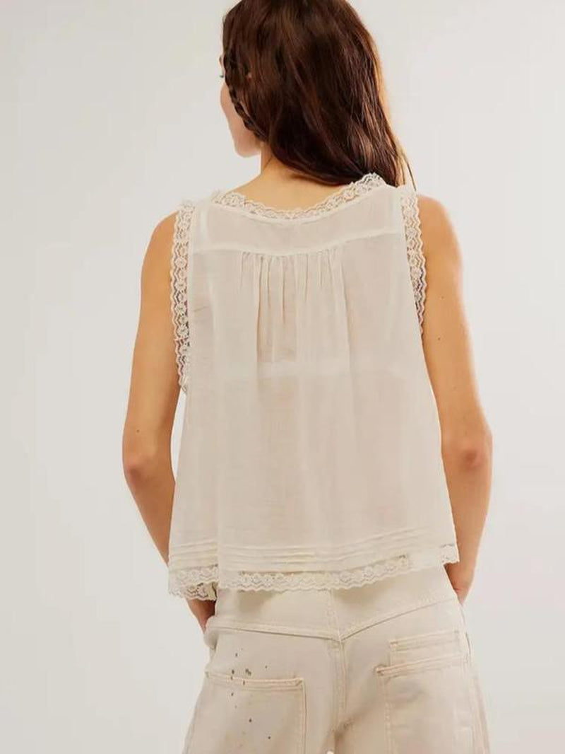 Women’s Lace Trim Tie-Front V-Neck Tank Top – Chic Casual Sleeveless for All Seasons