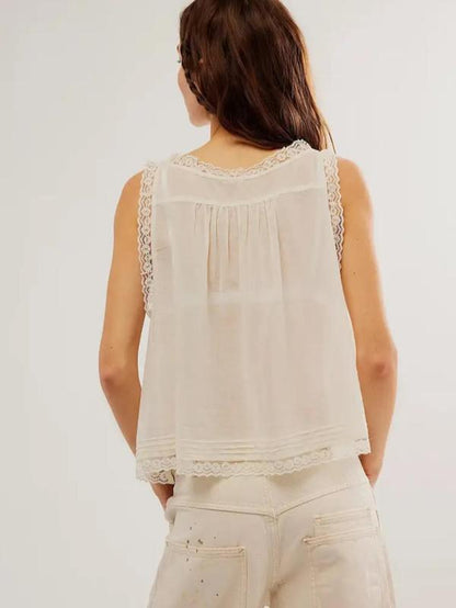 Women’s Lace Trim Tie-Front V-Neck Tank Top – Chic Casual Sleeveless for All Seasons