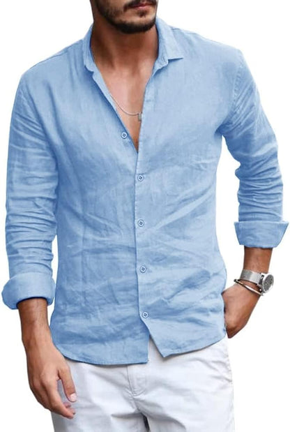 Men’s Linen Cotton Button-Down Shirt – Casual Long Sleeve, Lightweight Beach Top with Spread Collar