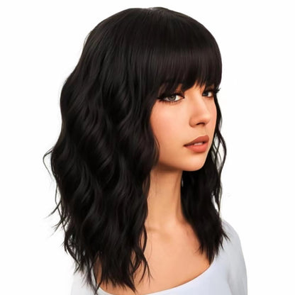 Short Bob Wig with Bangs – 12'' Water Wave Synthetic Black Wig for Women