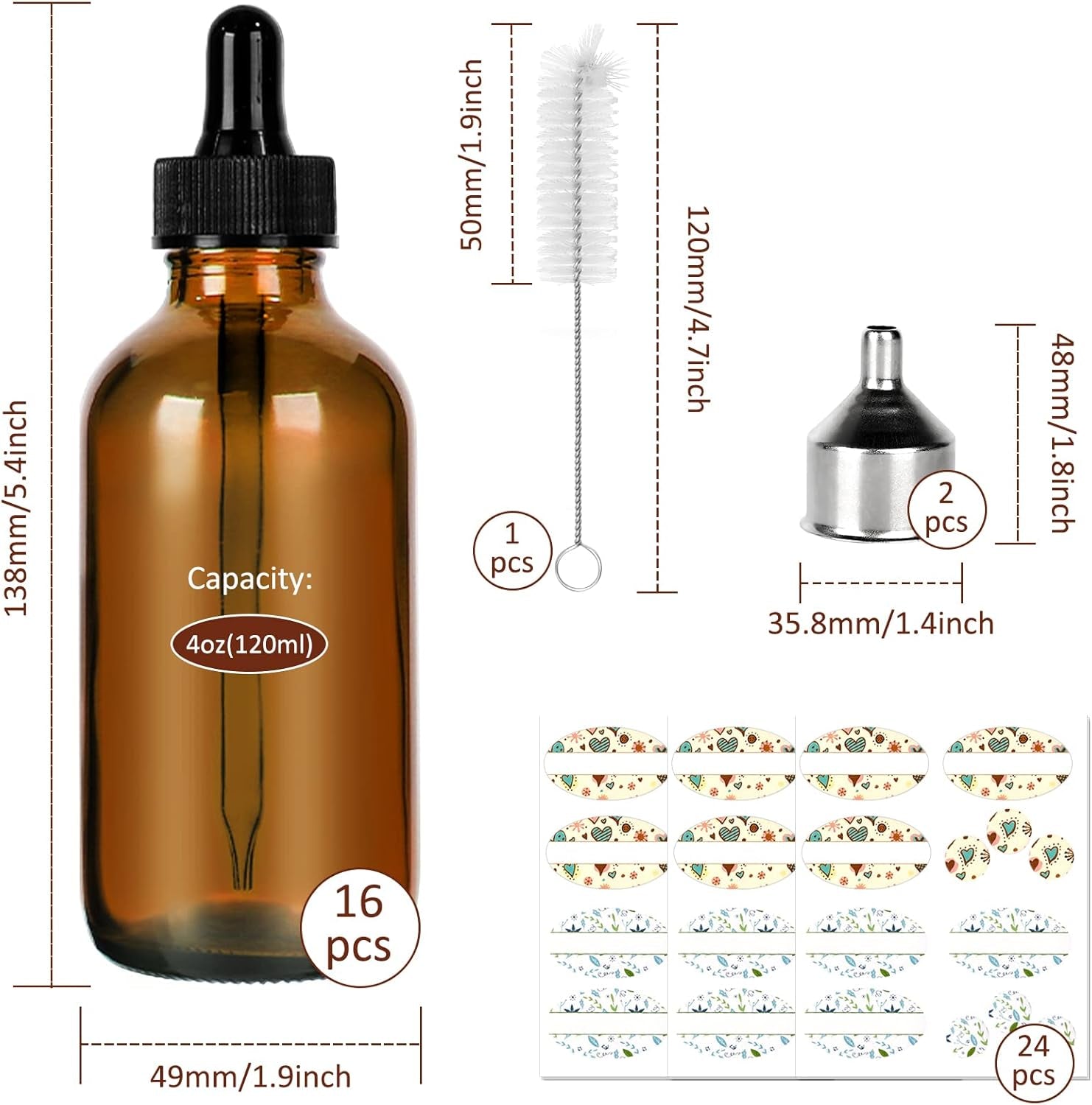 16 Pack (120 Ml) 4 Oz Amber Glass Boston Bottles with Glass Eye Droppers, Dropper Bottles for Essential Oils & Lab Chemicals & More Liquids Ideal for Mom & Friends