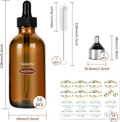 16 Pack (120 Ml) 4 Oz Amber Glass Boston Bottles with Glass Eye Droppers, Dropper Bottles for Essential Oils & Lab Chemicals & More Liquids Ideal for Mom & Friends