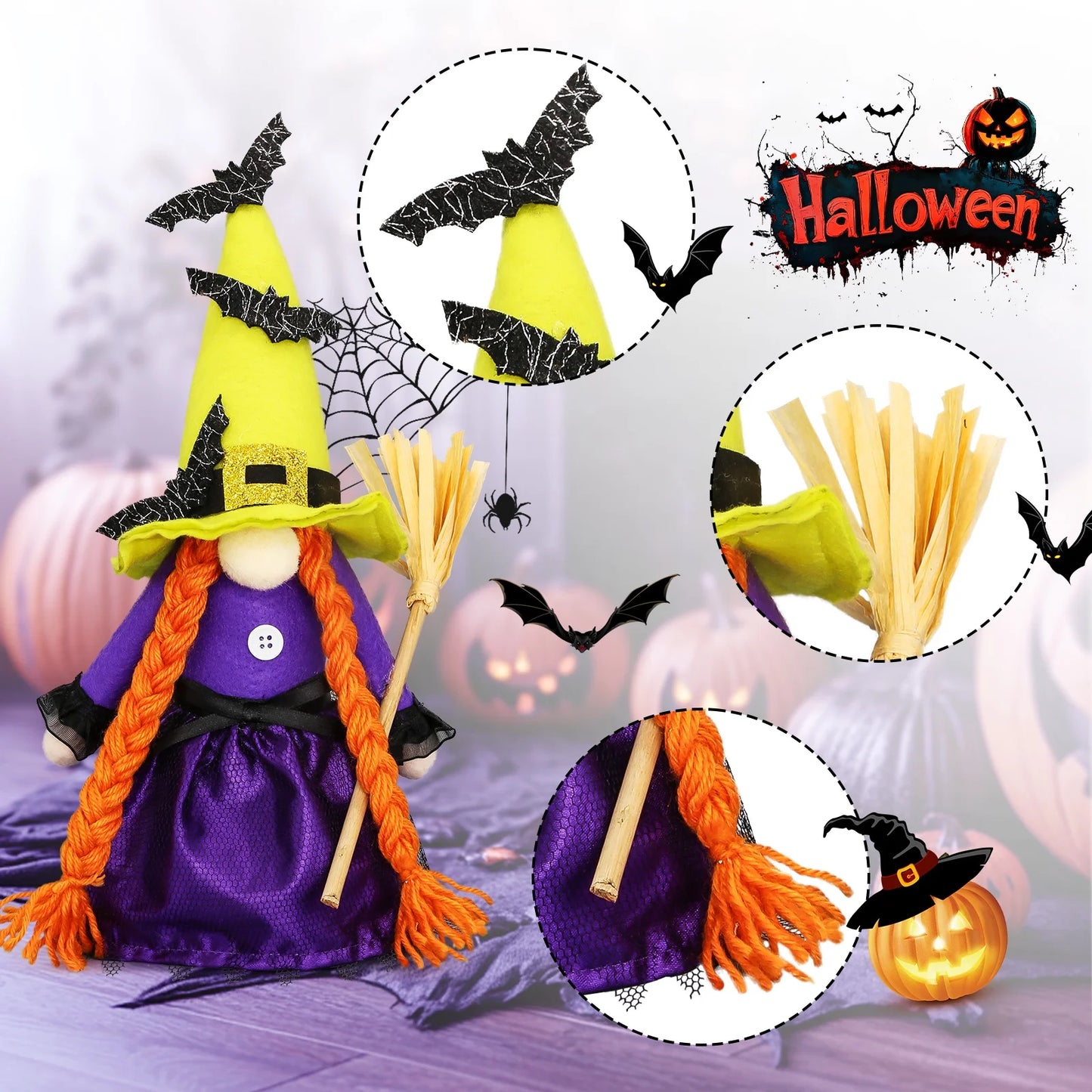 ✨ Hocus Pocus Halloween Gnomes – 3 Pc Handmade Witch Tomte Plush | Tiered Tray & Tabletop Decor | Spooky Cute Scandinavian Elf Decorations