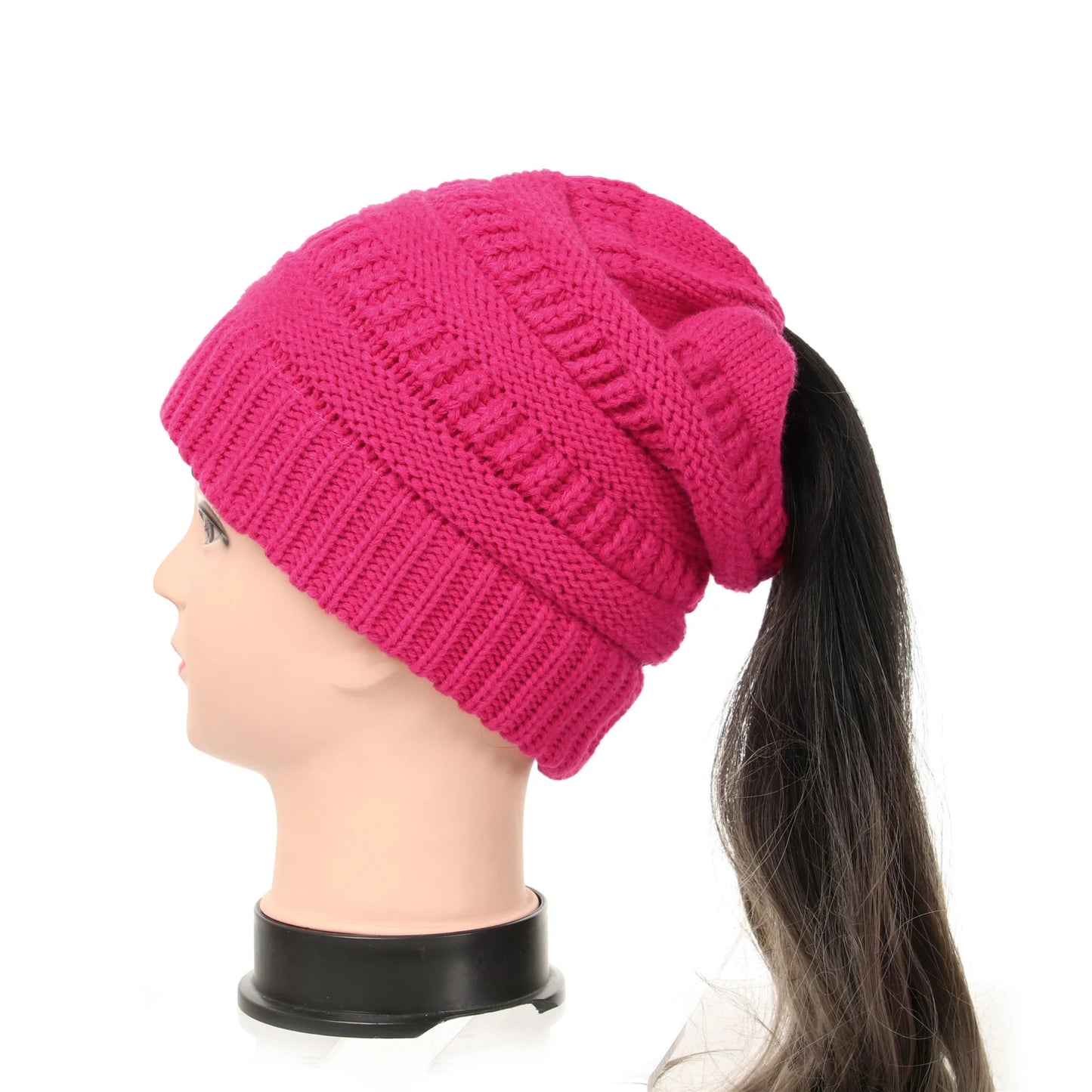 New Women Autumn Winter Ponytail Beanie Hat Solid Color Lady Stretch Knitted Crochet Beanies Hat Cap for Women