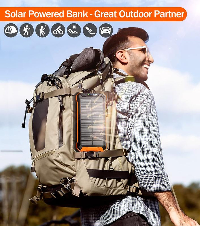 GNC W22 Solar Power Bank: 15W Fast Charging, 4 Built-In Cables, 6 Outputs, 3 Inputs, Solar Charging, Dual Flashlights, Carabiner, Fits All Devices.