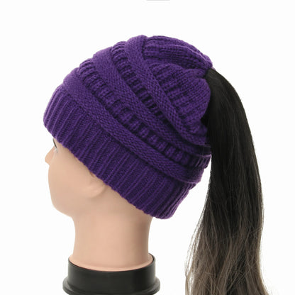 New Women Autumn Winter Ponytail Beanie Hat Solid Color Lady Stretch Knitted Crochet Beanies Hat Cap for Women