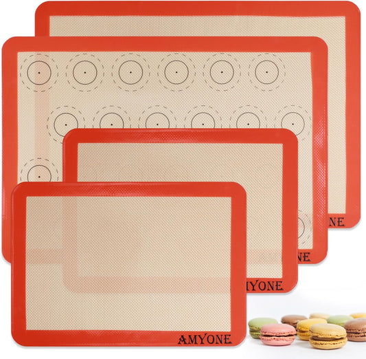 ✨ Silicone Baking Mats – Set of 4 Non-Stick Reusable Liners | Fits 11"x17" Half Sheet & 8"x12" Quarter Sheet Pans | Perfect for Cookies, Macarons, Bread & Pastries