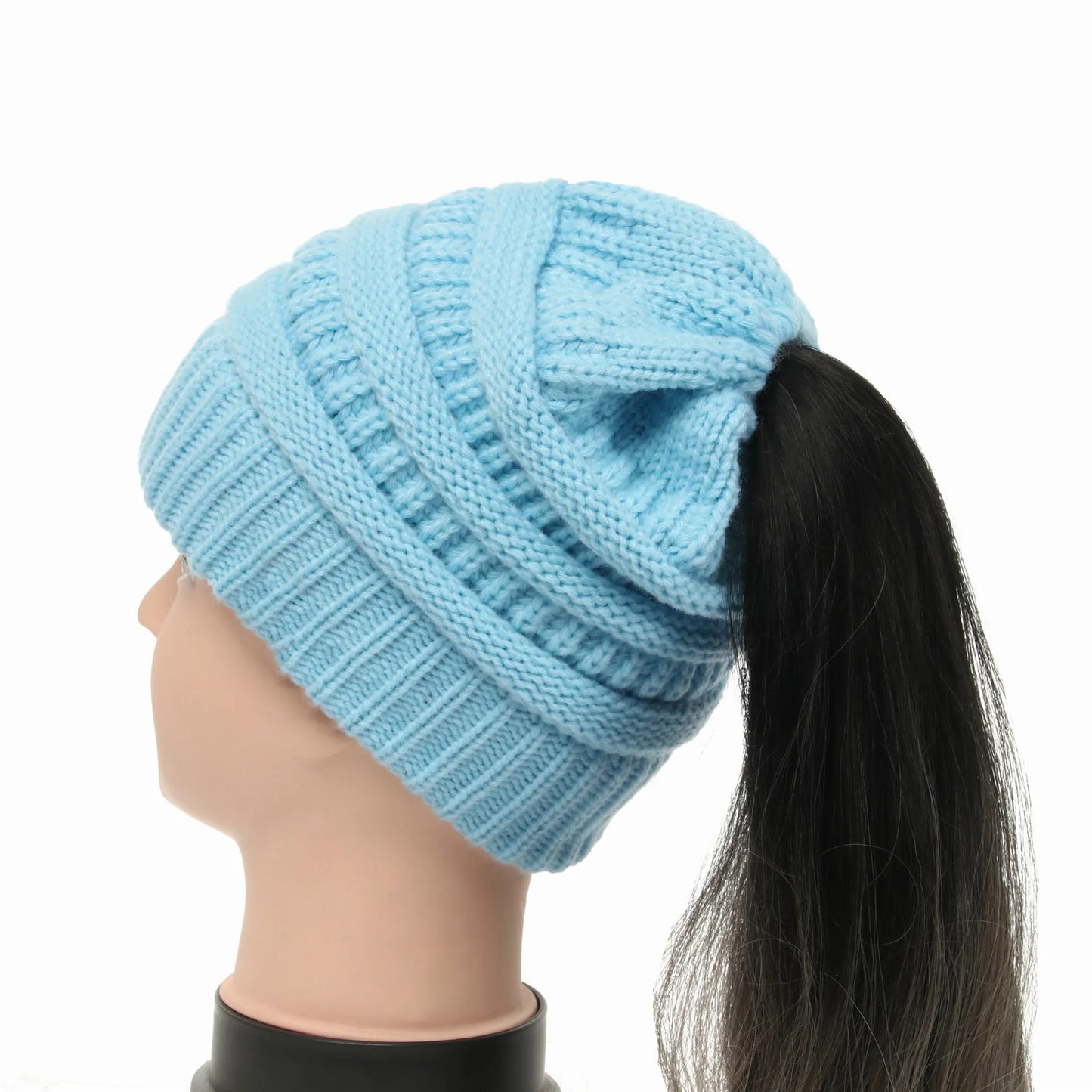 New Women Autumn Winter Ponytail Beanie Hat Solid Color Lady Stretch Knitted Crochet Beanies Hat Cap for Women