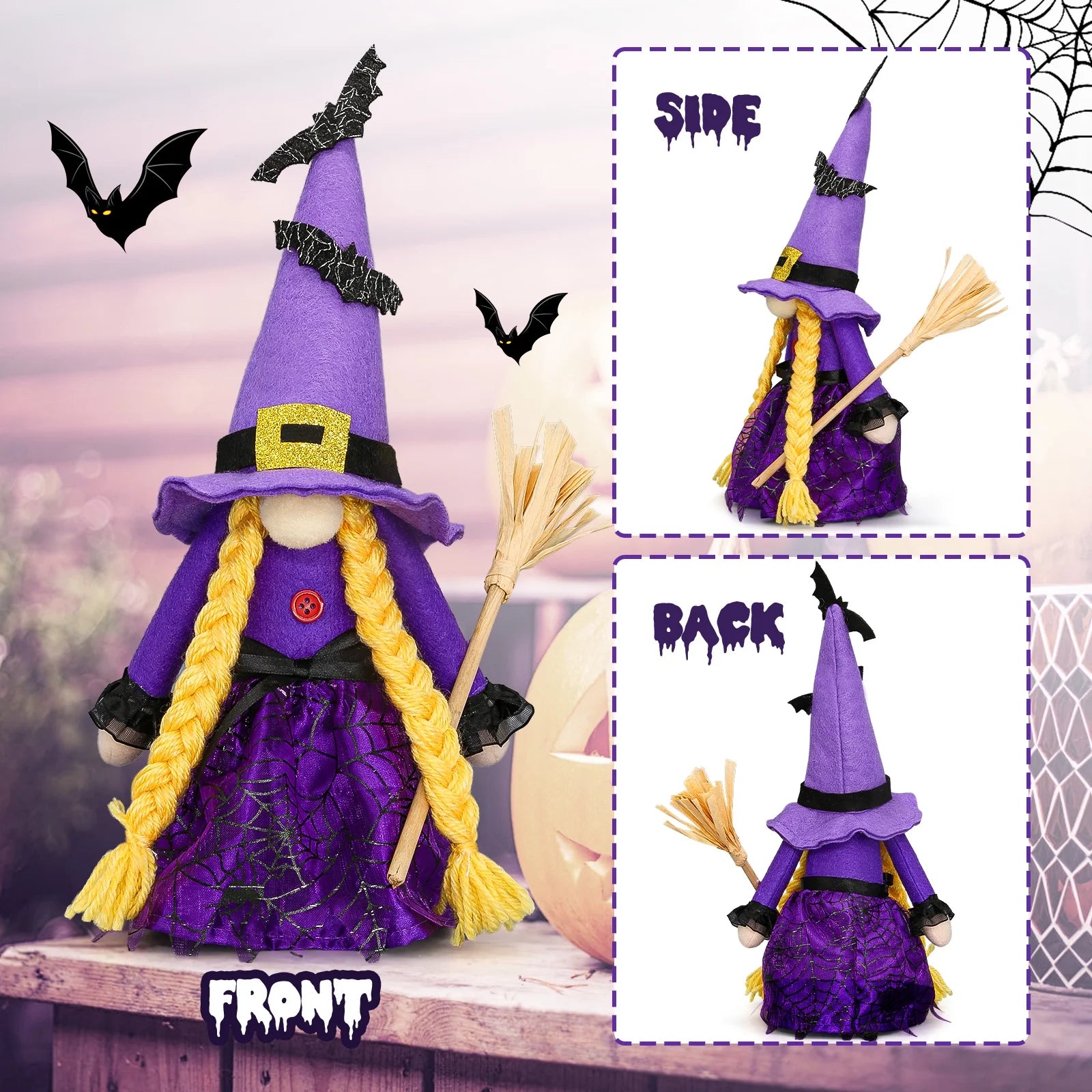 ✨ Hocus Pocus Halloween Gnomes – 3 Pc Handmade Witch Tomte Plush | Tiered Tray & Tabletop Decor | Spooky Cute Scandinavian Elf Decorations