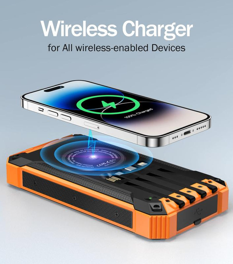 GNC W22 Solar Power Bank: 15W Fast Charging, 4 Built-In Cables, 6 Outputs, 3 Inputs, Solar Charging, Dual Flashlights, Carabiner, Fits All Devices.