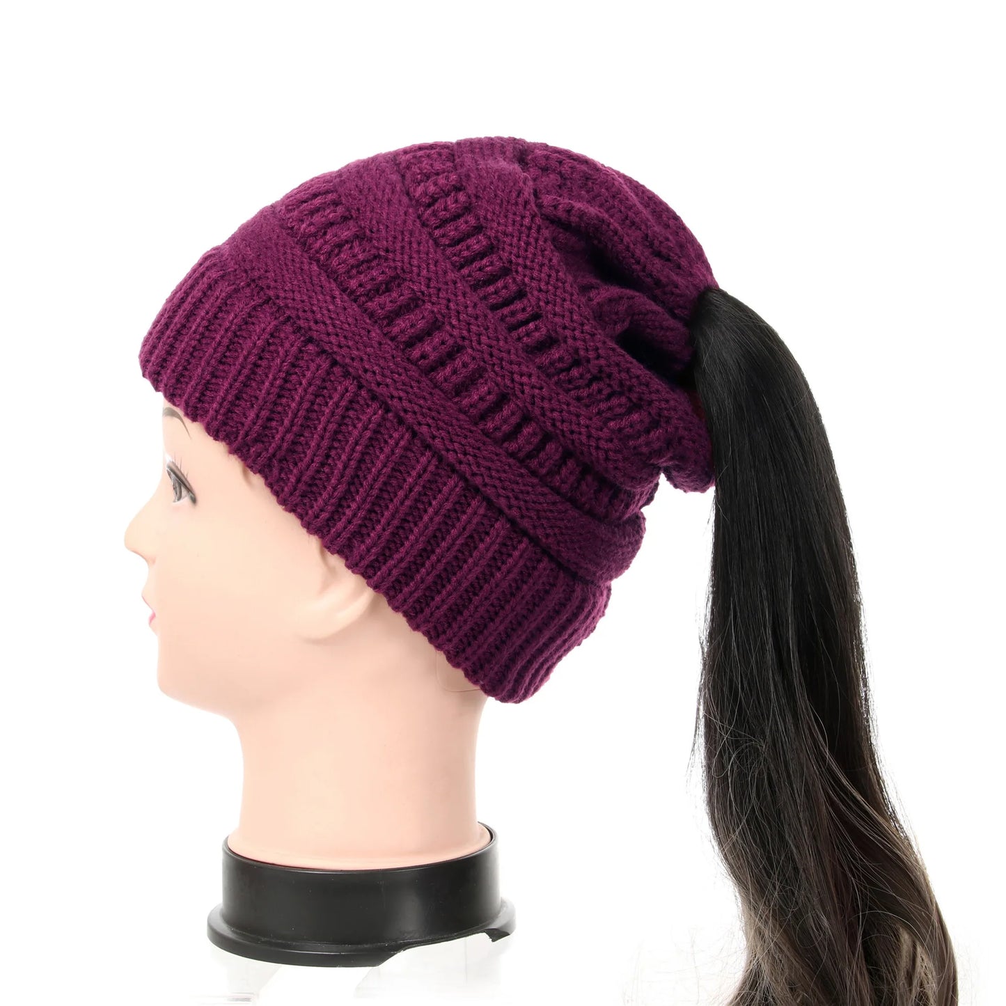 New Women Autumn Winter Ponytail Beanie Hat Solid Color Lady Stretch Knitted Crochet Beanies Hat Cap for Women