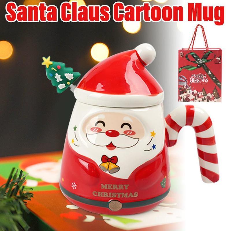 Cute Christmas Ceramic Coffee Mug with Lid Coffee Spoon, Christmas Birthday Lovely Cup Best Gift, Creative Cartoon Santa Claus Cup Ceramic Christmas Holiday Gift Drinking Mugs, Christmas Gift