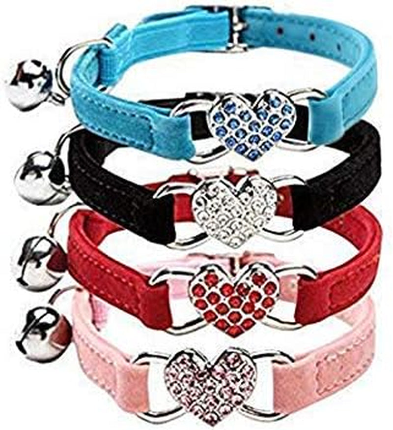 Velvet Cat Collar with Crystal Heart Charm & Bell – Adjustable Safety Collar (8–11”) in Pink, Black, Red & Blue