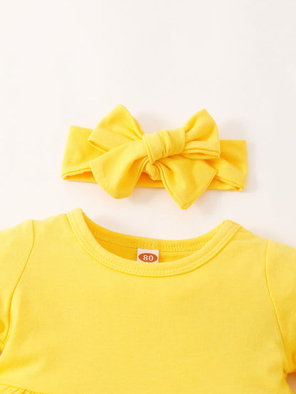Baby Girl 3-Piece Outfit – Flared Sleeve Top, Sunflower Jeans & Headband (3–6M)