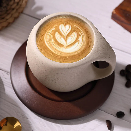 Ceramic Coffee Cup and Saucer Set Retro Latte American Coffee Cup Wooden Coasters Tea Cups Spoon Flower Cups.
