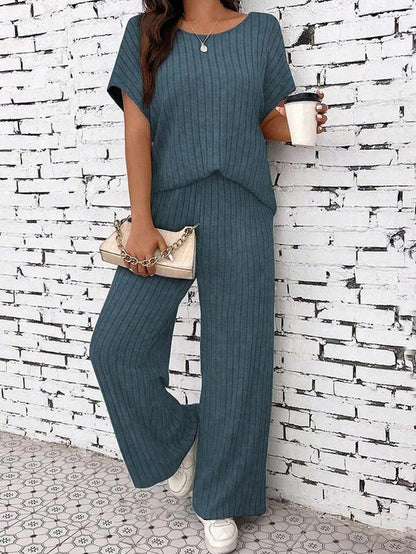 Women’s Casual Knit Lounge Set – Loose-Fit Long Pants & Top, All-Season Comfort Outfit for Everyday Wear