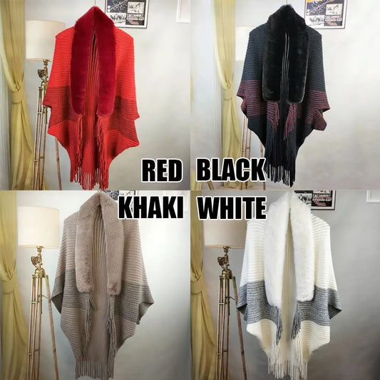 Winter Cape Cardigan 🧣 Faux Fur Collar Warm Knit Shawl Wrap for Women