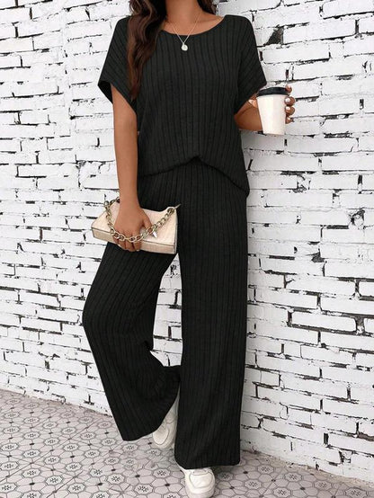 Women’s Casual Knit Lounge Set – Loose-Fit Long Pants & Top, All-Season Comfort Outfit for Everyday Wear