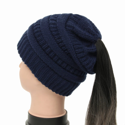 New Women Autumn Winter Ponytail Beanie Hat Solid Color Lady Stretch Knitted Crochet Beanies Hat Cap for Women
