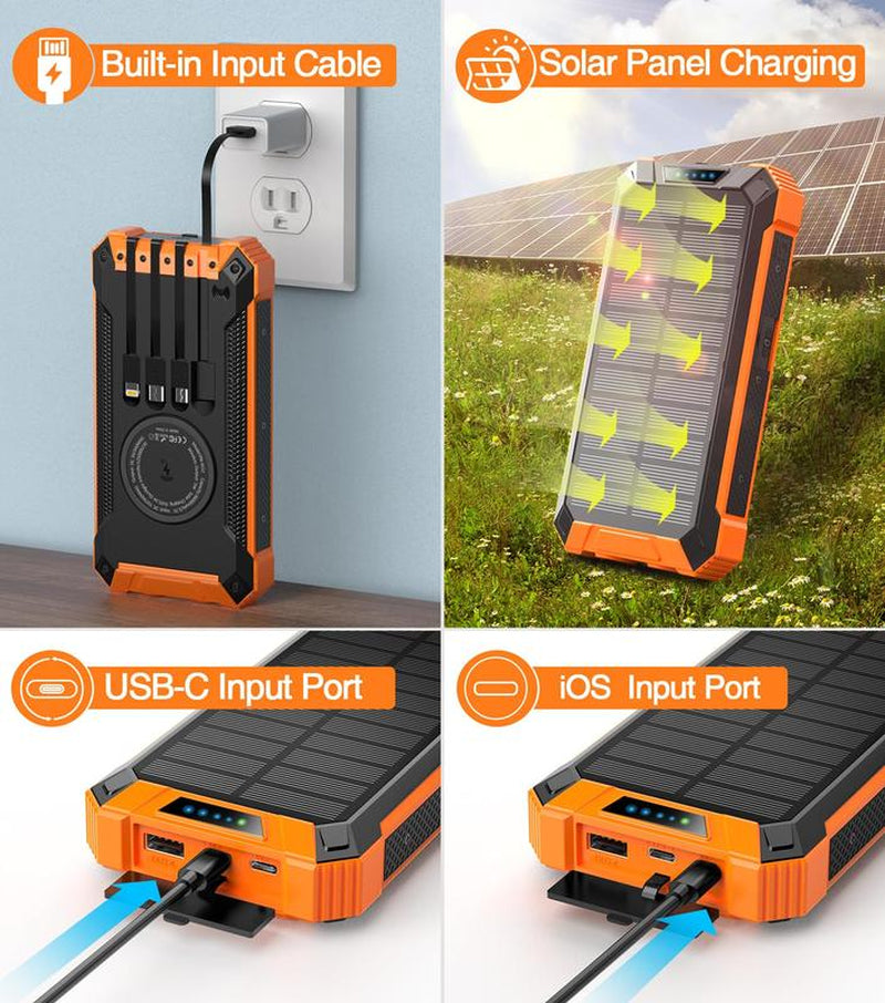 GNC W22 Solar Power Bank: 15W Fast Charging, 4 Built-In Cables, 6 Outputs, 3 Inputs, Solar Charging, Dual Flashlights, Carabiner, Fits All Devices.