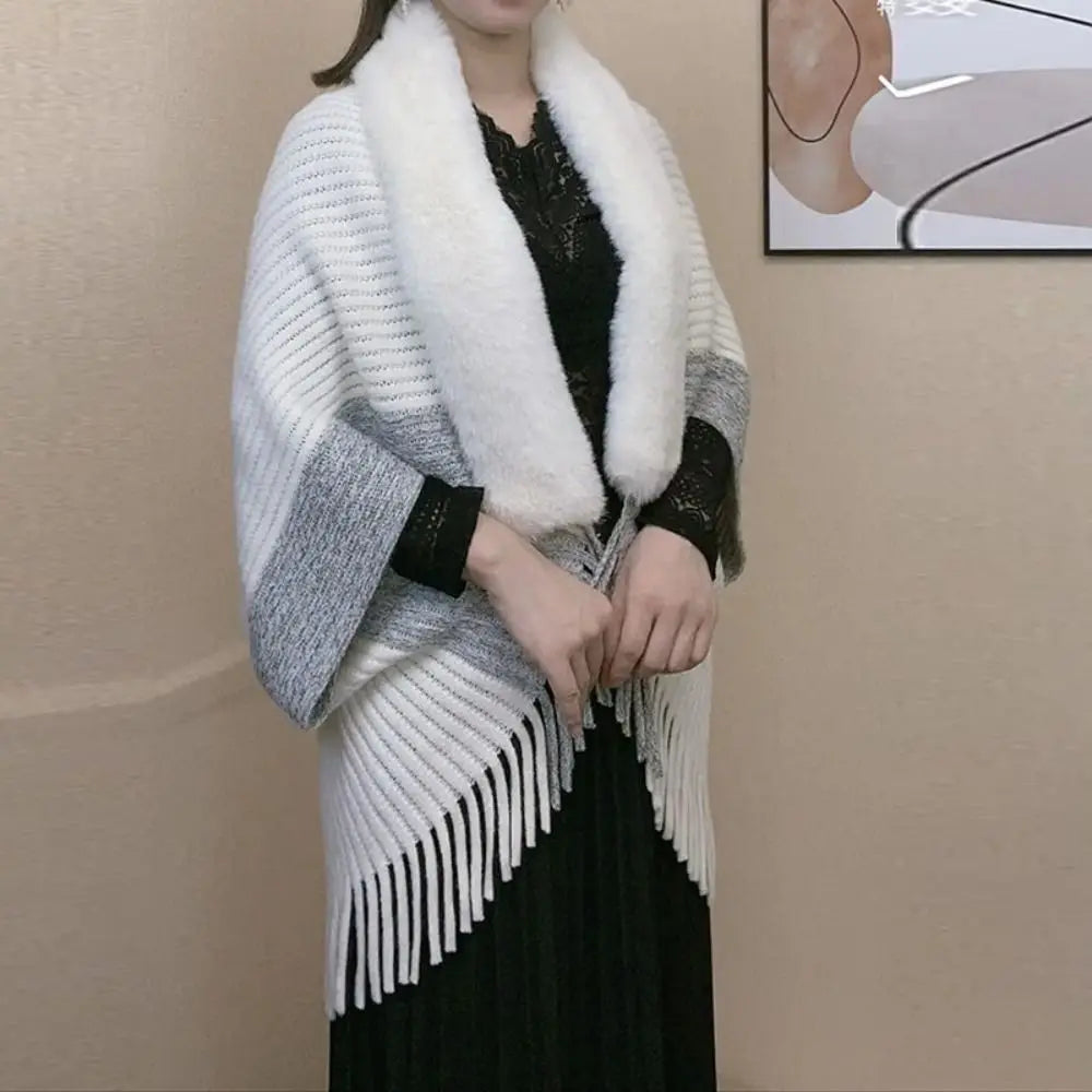 Winter Cape Cardigan 🧣 Faux Fur Collar Warm Knit Shawl Wrap for Women