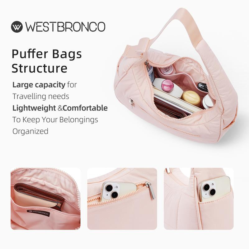 WESTBRONCO Fallfreshness Small Puffer Crescent Shoulder Bag for Women Quilted Nylon Waterproof with Side Pocket for Cans Lightweight Travel Gym Purse for FALL
