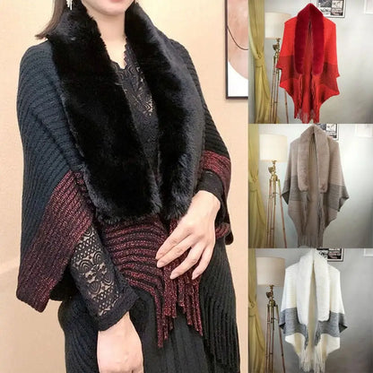Winter Cape Cardigan 🧣 Faux Fur Collar Warm Knit Shawl Wrap for Women