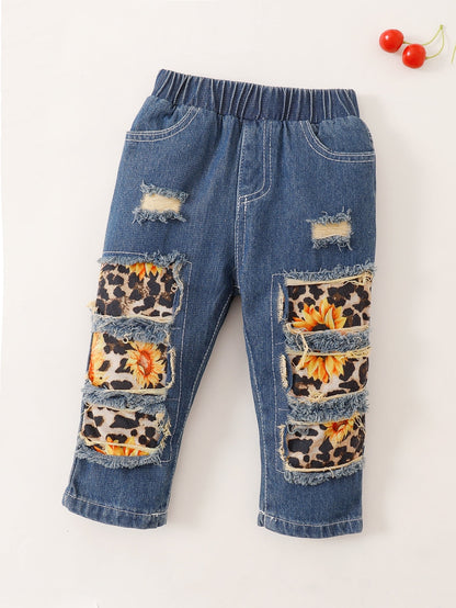 Baby Girl 3-Piece Outfit – Flared Sleeve Top, Sunflower Jeans & Headband (3–6M)