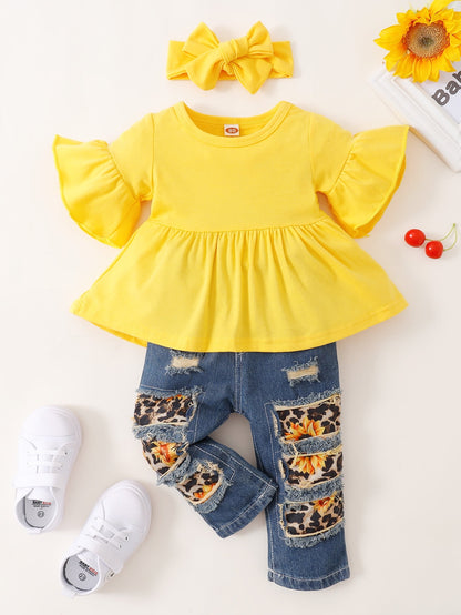 Baby Girl 3-Piece Outfit – Flared Sleeve Top, Sunflower Jeans & Headband (3–6M)