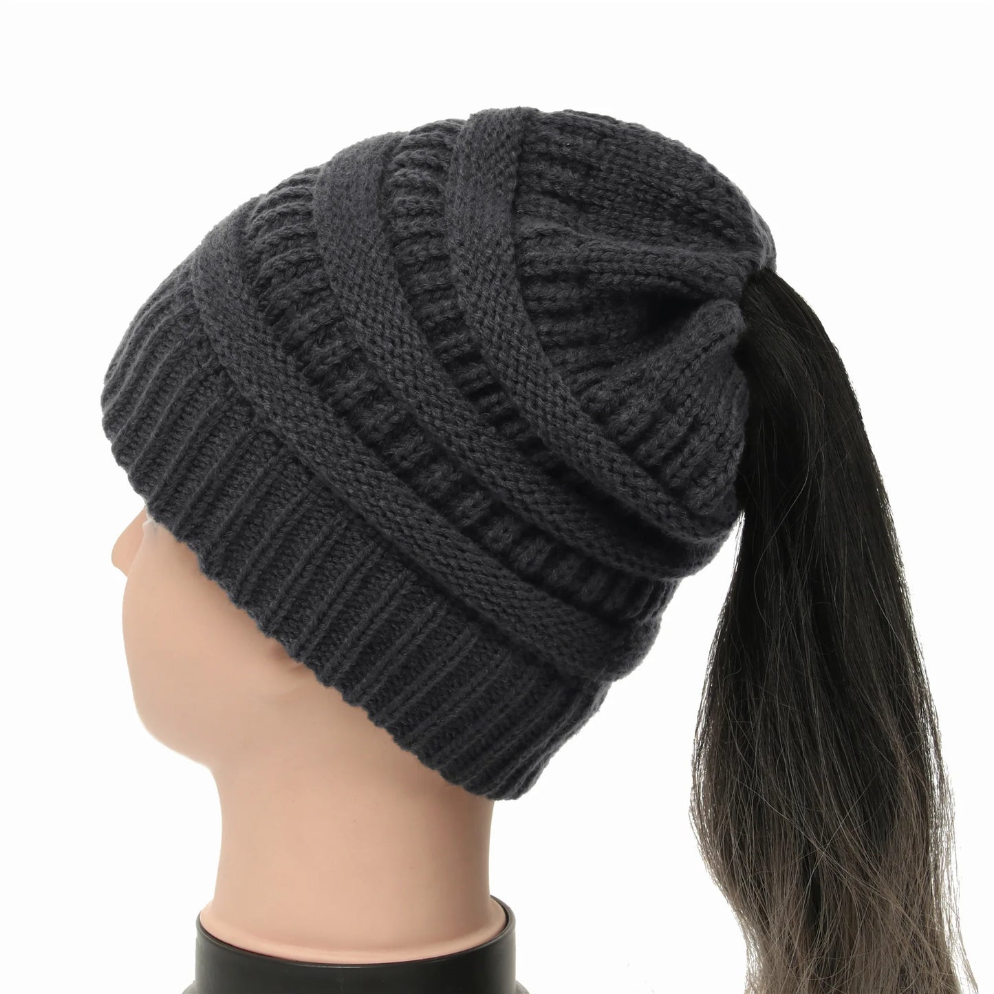 New Women Autumn Winter Ponytail Beanie Hat Solid Color Lady Stretch Knitted Crochet Beanies Hat Cap for Women