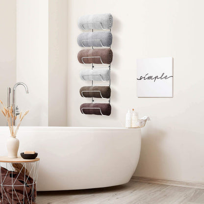 Towel Rack Wall Mount – 6 Compartments of Silver Metal Towel Holder for Bathroom Decor Sets