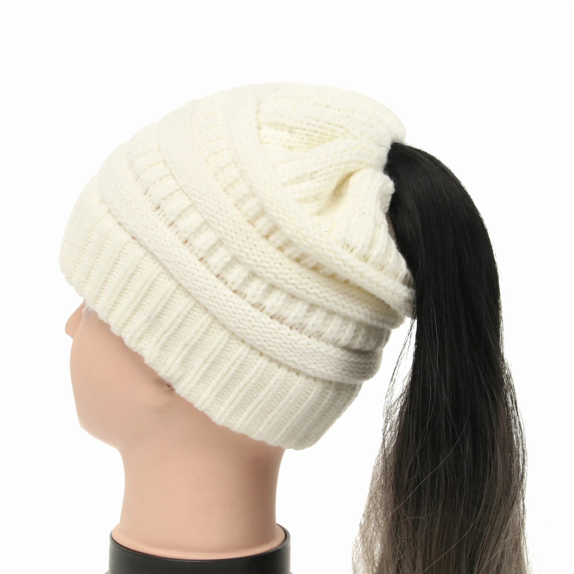 New Women Autumn Winter Ponytail Beanie Hat Solid Color Lady Stretch Knitted Crochet Beanies Hat Cap for Women