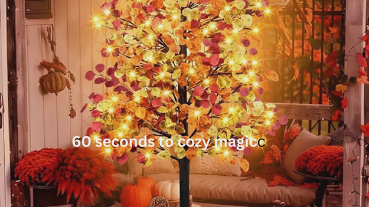 6FT 96LED Lighted Fall Tree – Artificial Eucalyptus with 384 Leaves, 8 Modes, Timer & Dimmable Lights for Thanksgiving, Autumn & Halloween Décor (Indoor/Outdoor)